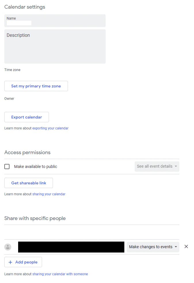 Google Calendar Settings Page