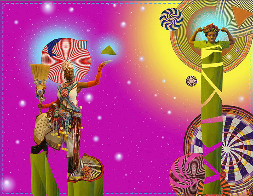1600 A digital collage of two people in crocheted and sewn clothing posing in front of circular crocheted forms that are black, white, red, yellow, and green. The background of the image fades from deep magenta to bright pink and yellow.