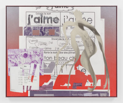 A rectangular, landscape-format painting on a white wall. The painting has a gradient lilac-to-red background. On top are photographs of children and scans from a French workbook that say "j'aime."