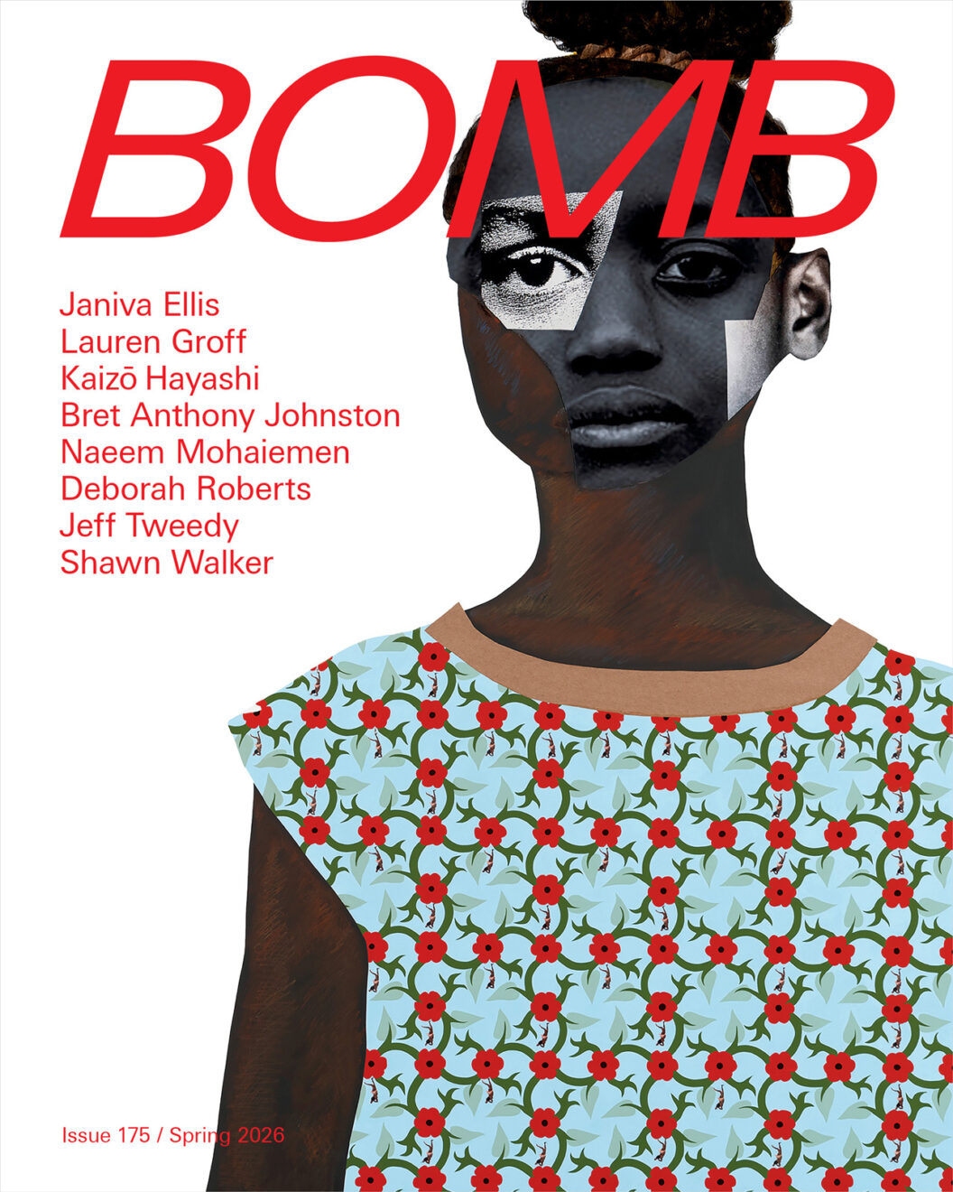 A mixed media and collage portrait of a young Black girl clasping her hands in front of her robin’s egg blue dress with red flowers. The girl’s expression is solemn but serene. The background of the portrait is white. The magazine’s title and the names of the interview subjects are in red.
