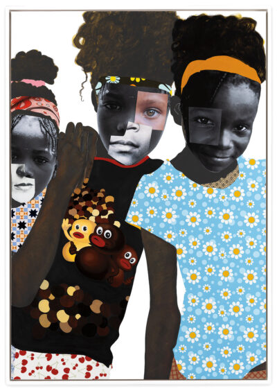 A collage of three young Black girls appears at the foreground against a white background. Their faces are made up of cut-outs of black-and-white and color photographs, with their gazes directly toward the viewer. Parts of their hair, clothes, and arms appear painted on. Their clothes feature patterns of florals, dots, and characters in flesh tones.