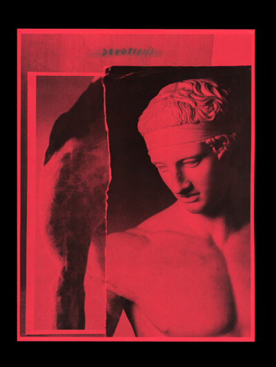 A black and red duotone image of a Xerox collage with a classical sculpture of a man on the right and the foreleg of a dog on the left. Above the collage, the word “DEVOTIONS” is written in pencil.