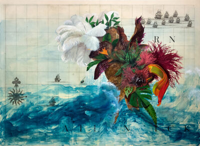 A painting of an abstract form composed of representational elements floating on a blue sea. The background of the painting is a reproduction of an old map, with a cartouche of ships and a grid of latitude and longitude.