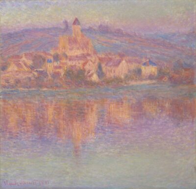 A painting of a town across the water at sunset.
