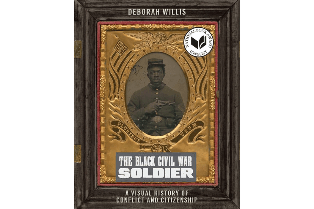 A civil war-era framed photograph against a red backdrop on the cover of a book.