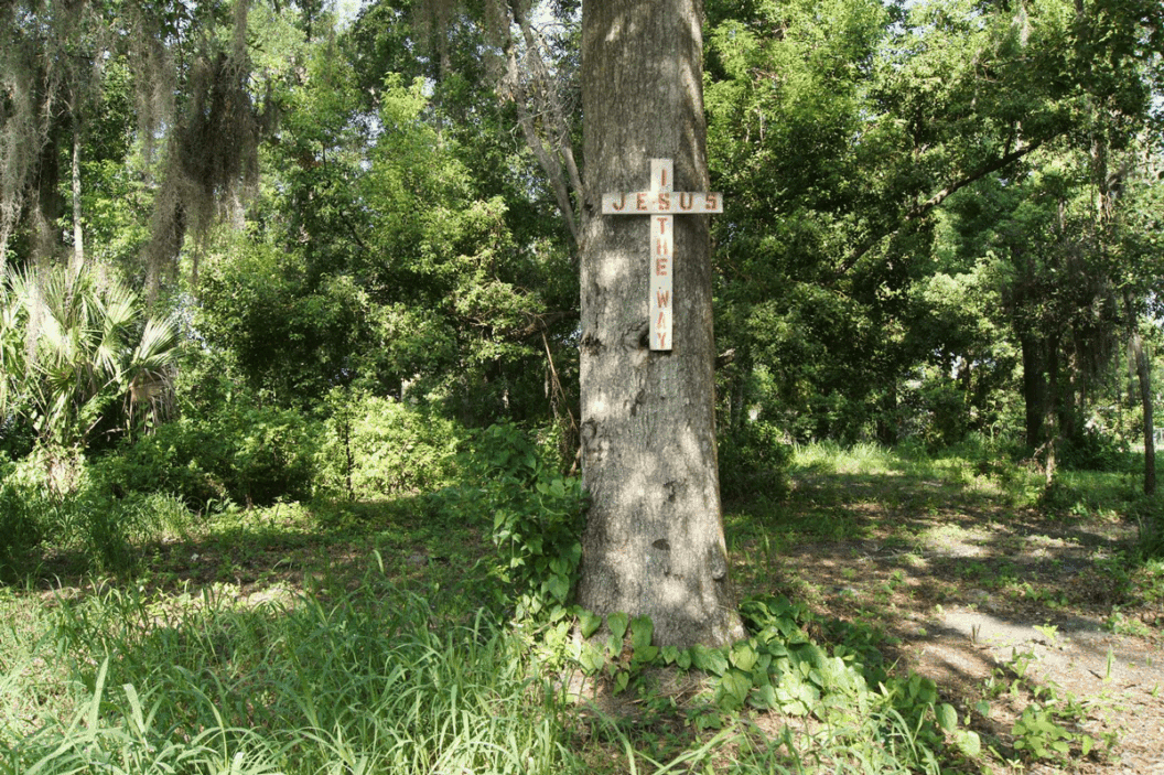 Wooden cross nailed to a tree that  says “Jesus is the way,” sign on road in Eatonville in 2004.