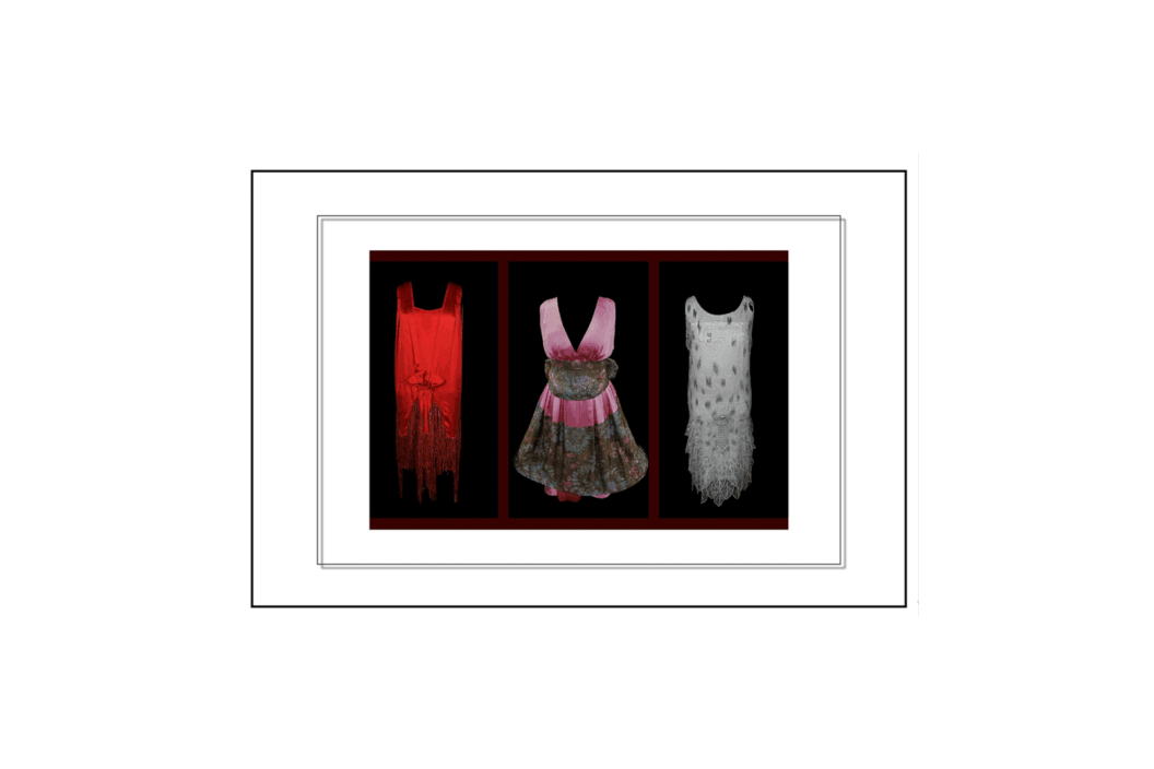 (From L-R) a red dress suspended against a black background, a pink and lace dress, a white dress.