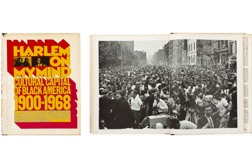 Cover of first photobook DW ever bought called “Harlem on my Mind” with a black and white photo insert of a crowd.