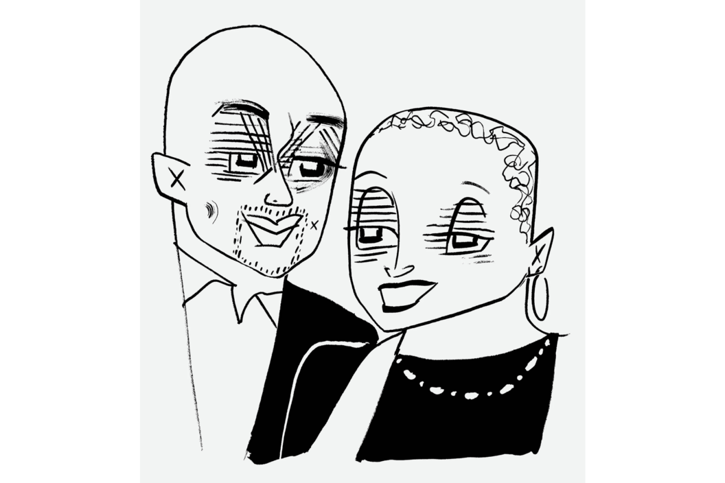 Black and white cartoon of the artist and Hank Willis Thomas.