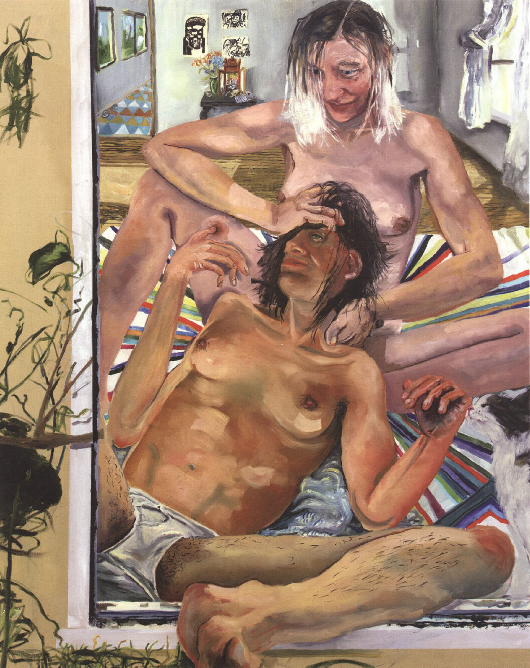 Painting of two naked figures sitting at a large window of their home. One is playing in the others hair.