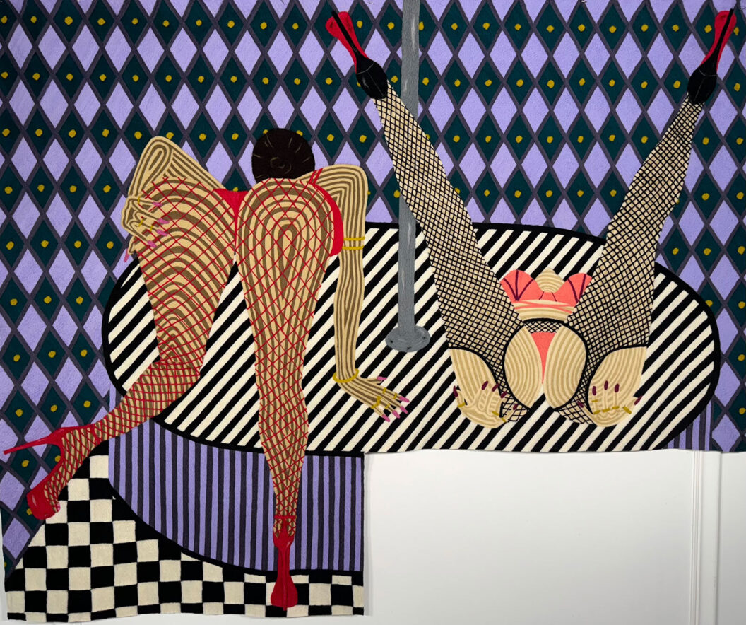 1600 A needlework featuring two scantily clad women working the stage in a strip club.