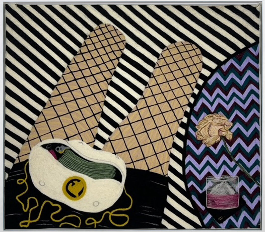 1600 A needlework featuring a purse filled with paper money on the lap of a black dress.