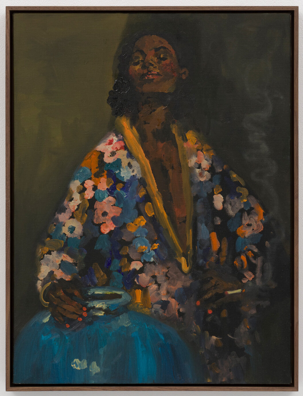 1227 A painting of a Black woman wearing a flowered robe and with a hand resting on a large blue vase.