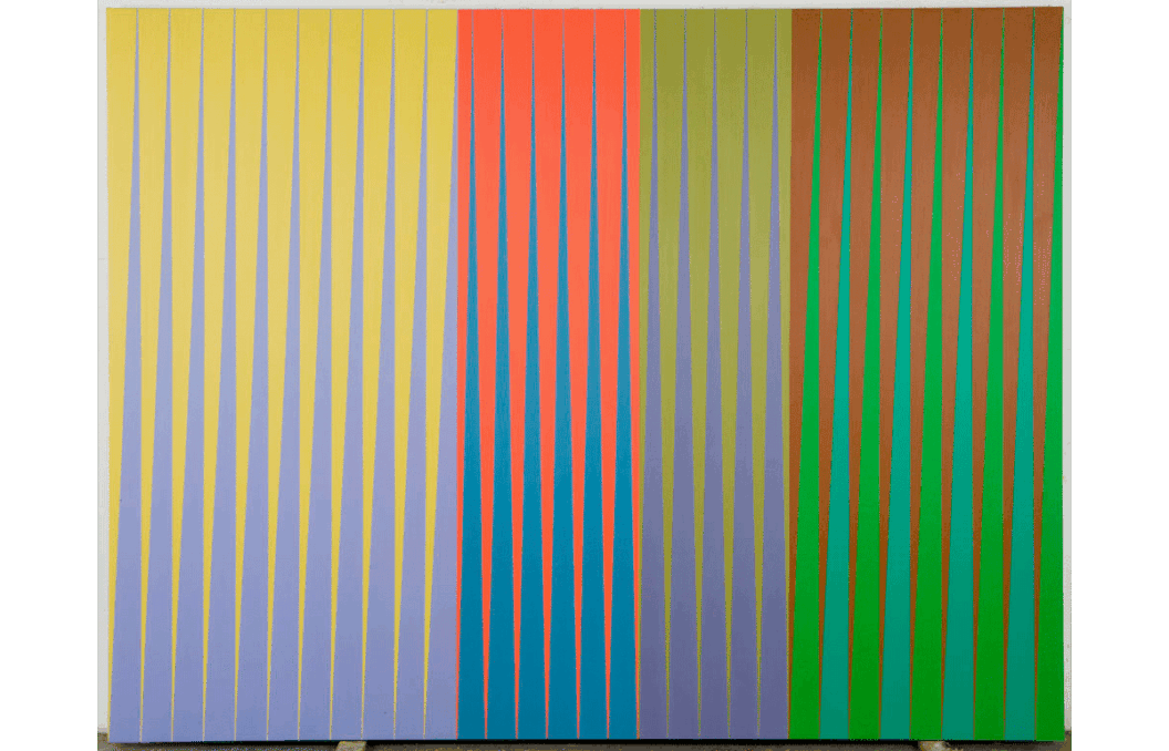 A James Little painting divided into four uneven vertical sections. Thin blue and green triangles pointing upward are arranged across the canvas, with a yellow background on the far left, then red, then green, then brown.