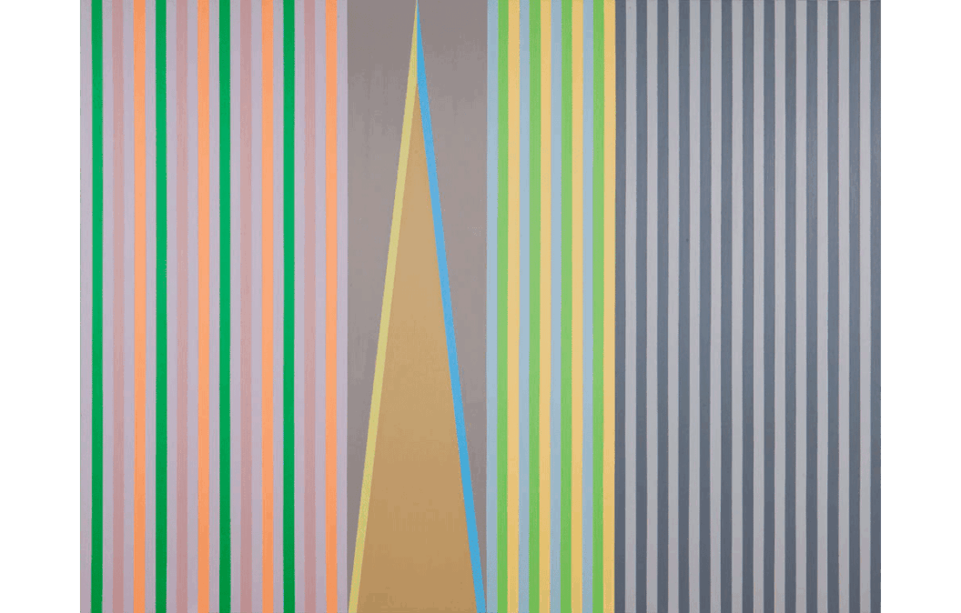 A James Little painting made from a series of vertical striped patterns across the canvas in greens, purples, blues, yellows, and grays. Toward the left side of the canvas, a the stripes form a brown triangle outlined in blue and yellow stripes in front of a gray background.