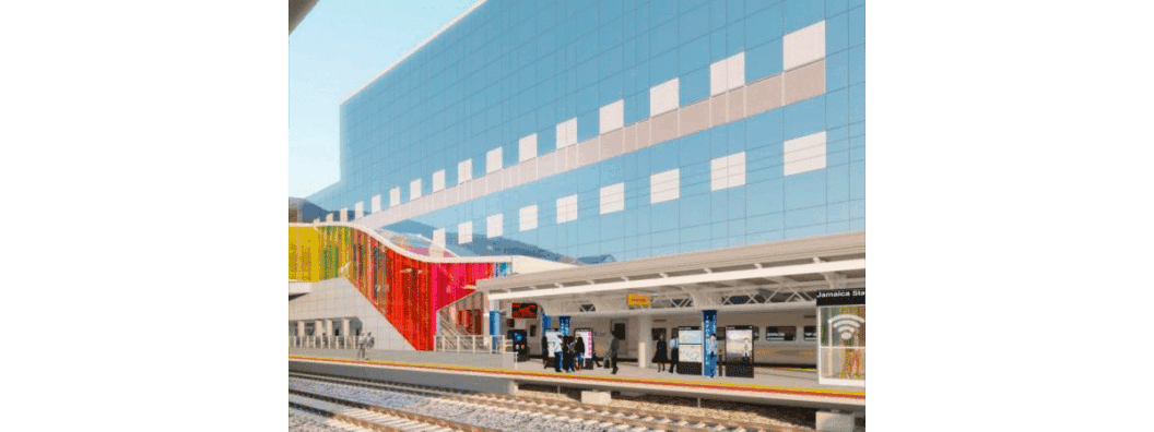 Little's installation piece, commisioned by the MTA Jamaica station in New York, showing a rainbow color-blocked glass tunnel surrounding the stairs that lead down to the platform.