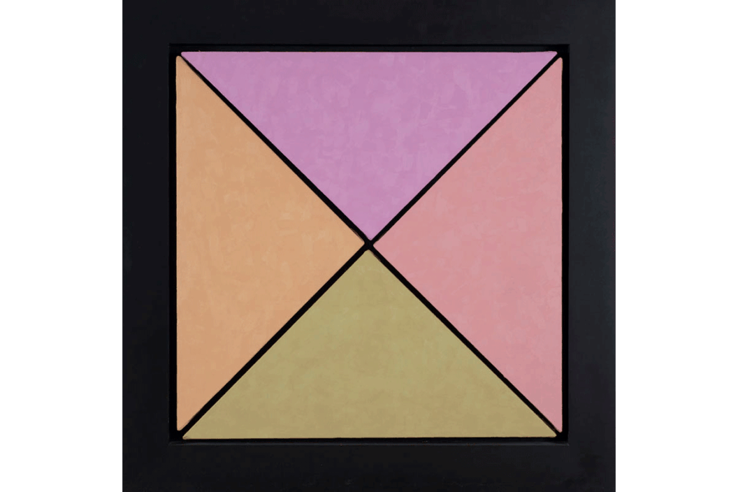 A painting by James Little made from oil paint and wax. The canvas is divided diagonally into four sections by thin black lines, and each section is a different muted shade of orange, purple, pink and green.