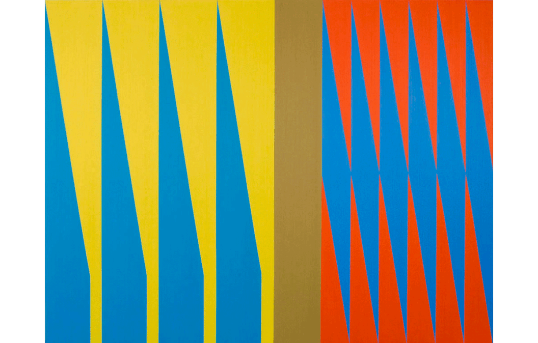 A James Little painting made of royal blue rhombus and diamond shapes stretched vertically across a canvas. The left side has a yellow background and the right side a red one, and between the sections is a muted, thick olive colored line.