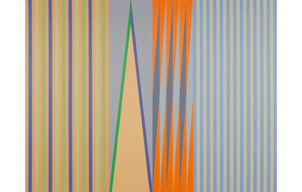 A James Little painting showing a series of vertical stripes and triangles in orange, blue and different shades of green. The shapes are against a tan colored background.