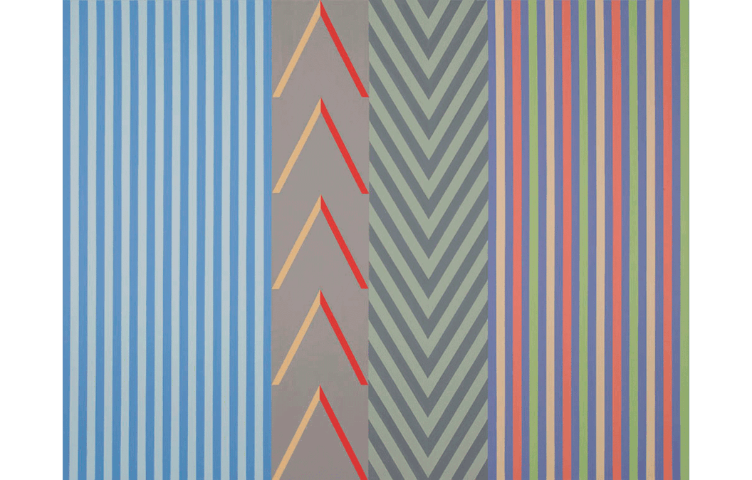 A James Little painting made from blues, greens, oranges and yellows. The painting shows four uneven sections, with vertical stripes on the ends and upward and downward facing triangle sections in the middle.