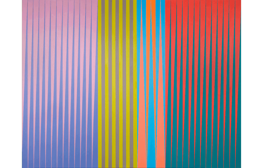 A James Little painting made from oil and wax on canvas divided into four sections. Three of the sections are made of thin, upward pointing triangles with a small section of vertical stripes toward the middle. Many shades of purple, orange, green and blue are used in the painting.