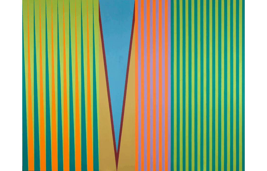 A James Little painting showing a series of upward pointing triangles and stripes across the canvas which is divided into four sections. The patterns show different shades of blue, orange, and green triangles on the right side, and vertical green, orange and purple stripes on the right side.