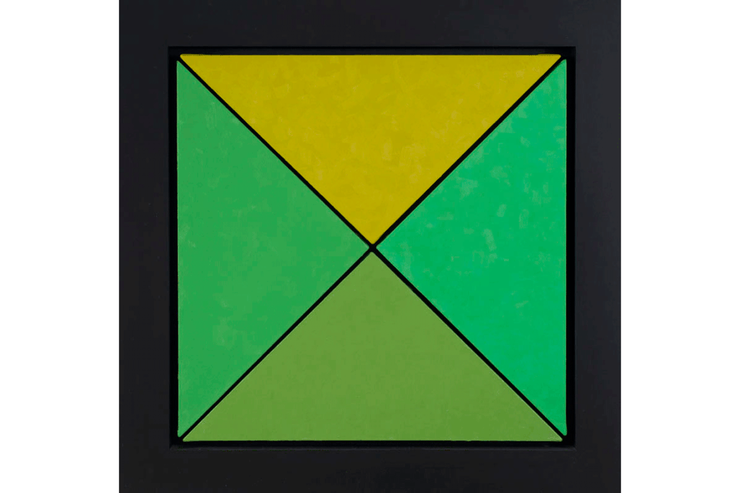 A painting by James Little made from oil paint and wax. The canvas is divided diagonally into four sections by thin black lines, and each section is a different muted shade of green and yellow.