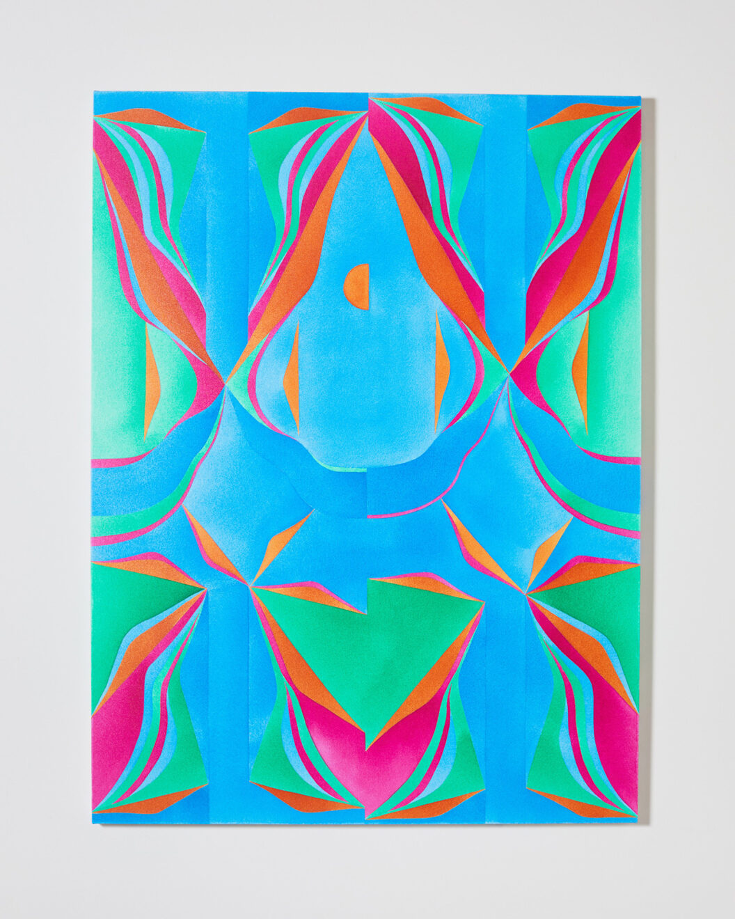 A vertically wavy abstract painting that uses primarily blue, green, and pink.