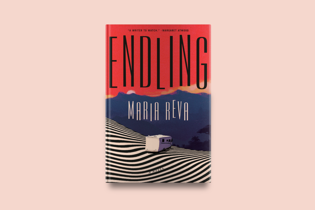 The cover of "Endling" by Maria Reva features bold black lettering on a red-to-blue gradient background with black and white striped patterns and a small white building, along with a Margaret Atwood quote at the top.