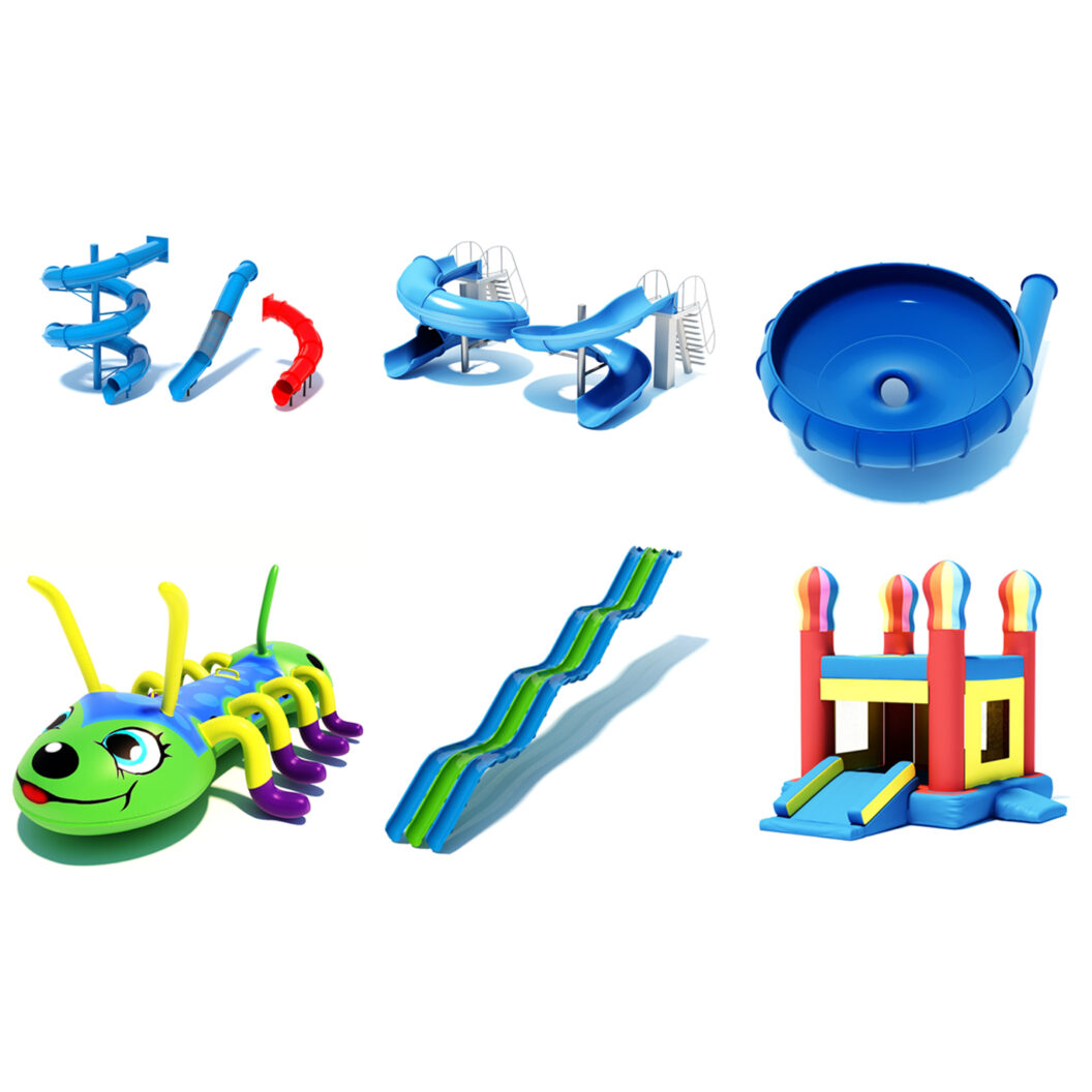 1500 Virtual collage with images of swirl slides on top and, from left to right, a brightly colored bug structure, a long slide, and a bouncy house on the bottom.