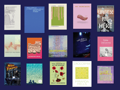 A grid of images of book covers flash in an animation against a dark blue background.
