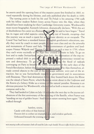 A drawing of a staff on top of a page of printed text.