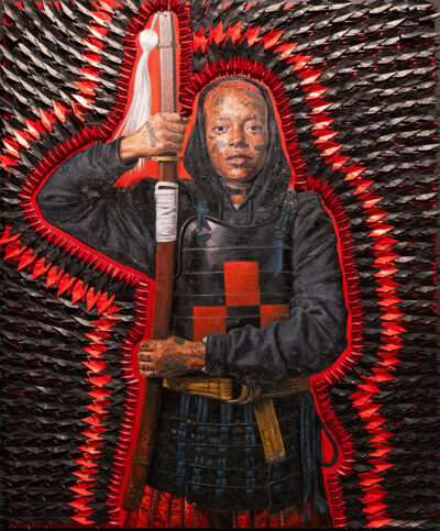 A painting of a Black woman in a black robe holding a sheathed Japanese sword vertically.