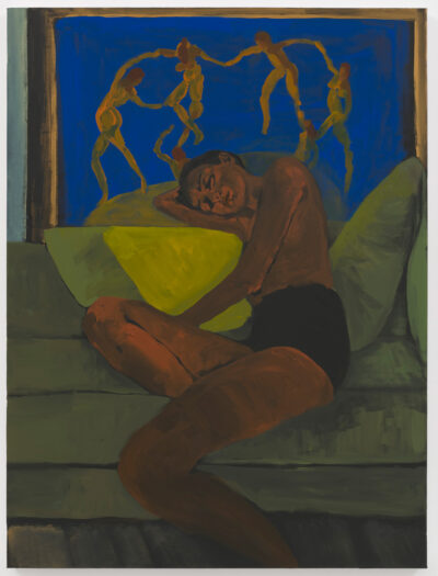 A painting of a Black woman resting on a green couch.