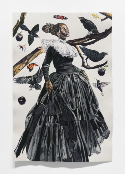 A watercolor of a Black woman in a black dress surrounded by black birds.