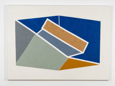 An abstract geometric painting featuring blue and brown shapes.