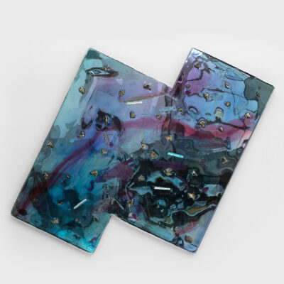 Alteronce Gumby’s painting, a blue zigzag shape striated with purple and green, coated in glossy resin, and studded with gemstones, is shown on a light gray background.