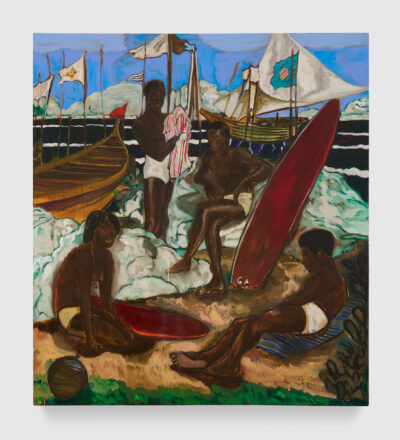 A painting of Black surfers and swimmers next to a shoreline with boats.