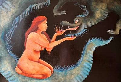 A painting of a kneeling naked woman looking into the eyes of a dragon.
