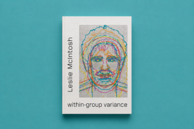 Book cover mockup of Leslie McIntosh’s within-group variance, featuring a multicolored layered portrait on a white cover against a teal background.