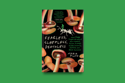 The cover of "Fearless, Sleepless, Deathless" by Maria Pinto features glossy orange-pink mushrooms floating against a black background, with a white illustrated ant sprouting a fungus from its head and green handwritten-style text.