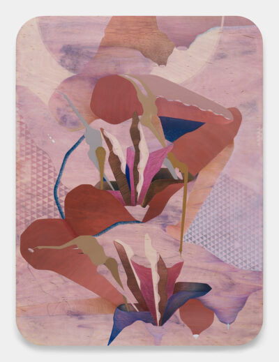 A pink and brown painting of an abstract sitting figure.