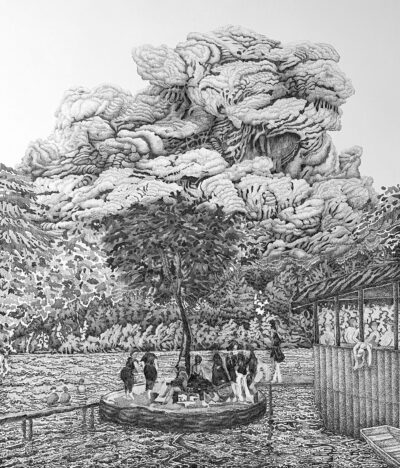 A highly detailed black-and-white drawing of group of figures under a tree watching an erupting volcano.