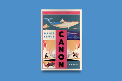 Book cover of Canon by Paige Lewis, featuring a grid of illustrated panels &mdash; a blue whale floating through sky, two figures in combat, a night seascape, and a vivid salamander &mdash; bisected vertically by a hot pink stripe with the title in bold black letters.