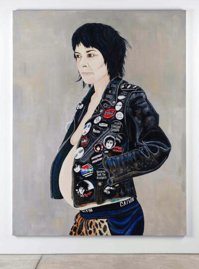 A painting of a pregnant woman with black hair wearing a leather jacket.