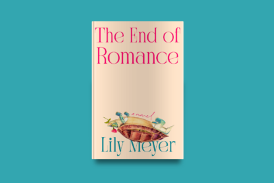 A mock-up of The End of Romance by Lily Meyer: a pale pink book cover featuring an upside-down turtle with limbs flailing and a fallen rose, against a teal background.