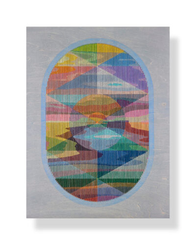 An oval abstract work made with bands of colored pencil and thread.