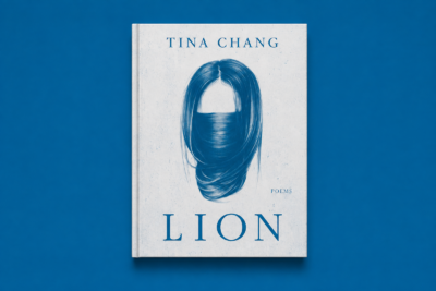 Mockup of Tina Chang’s Lion, featuring a blue hair illustration on a white cover against a rich blue background.