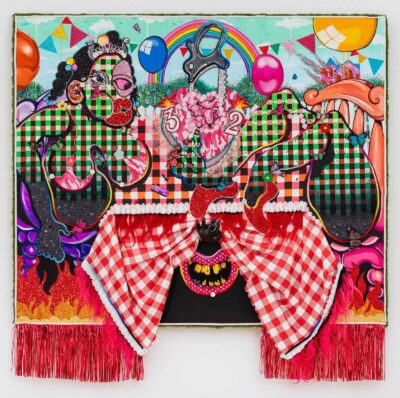 A colorful mixed-media work featuring a Black female, banners, and balloons.