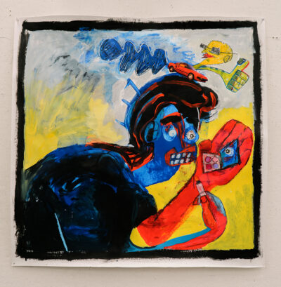 A painted figure with a blue face and dark swirling hair holds a makeup palette in a red hand; a small red car rests on the figure's head, with a lightbulb and floating objects above, against a yellow and pale blue background framed by rough black brushstrokes.